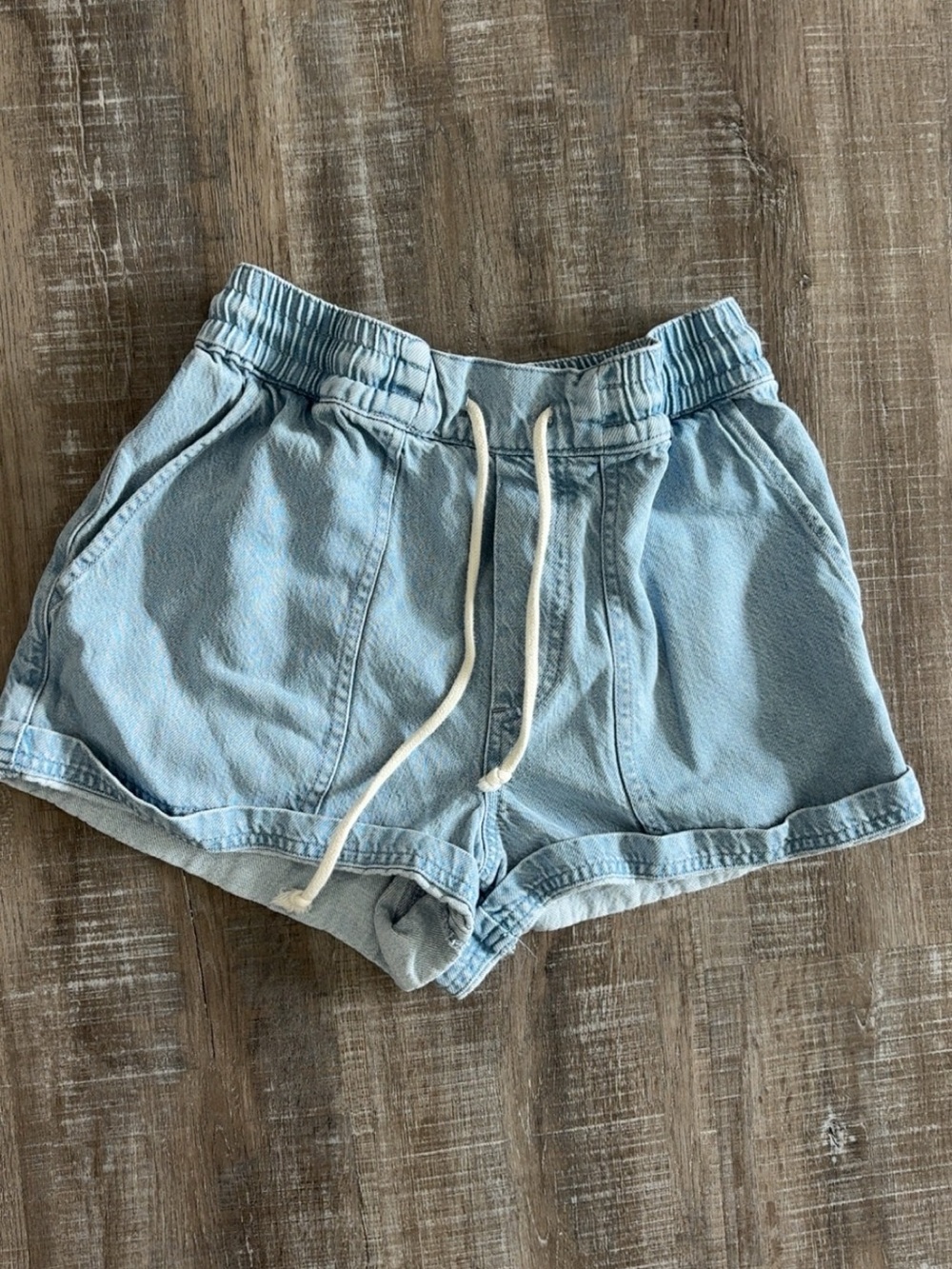 High-Waist Light Blue Denim Drawstring Shorts